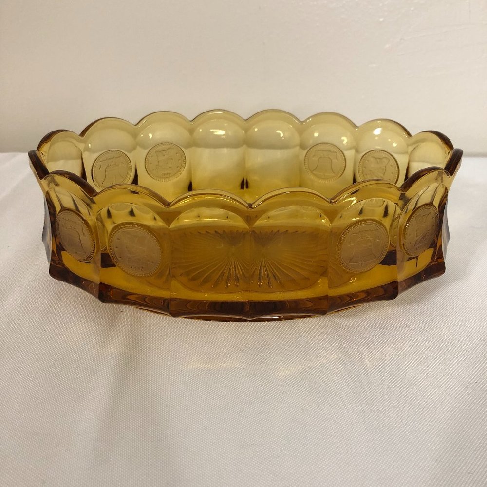 FOSTORIA Amber Coin Glass Bowl Vintage Gold 9 inch Oval Serving Dish Candy Nut